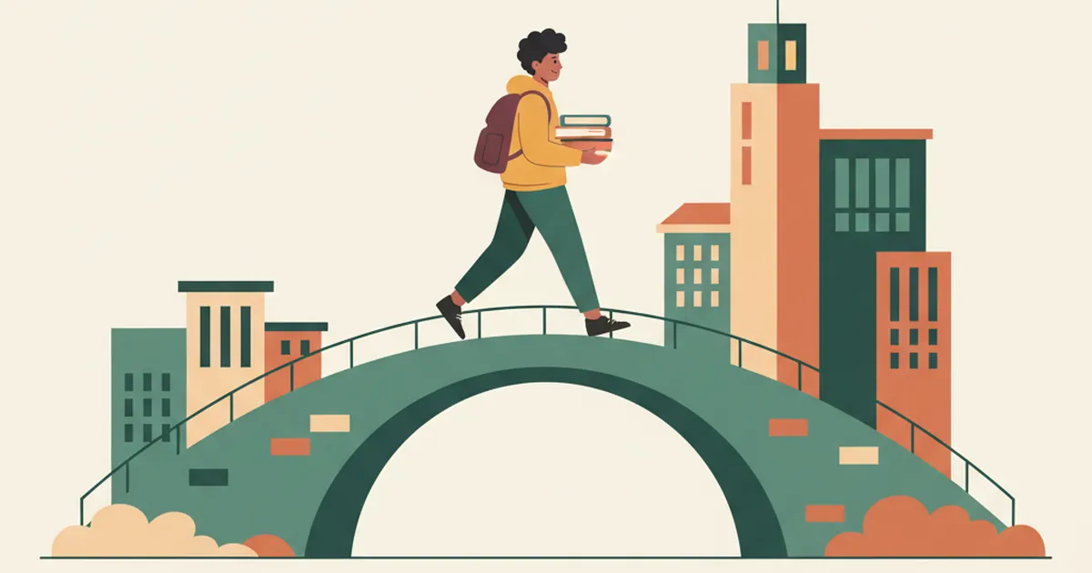 Student walking across a university campus carrying books and a backpack