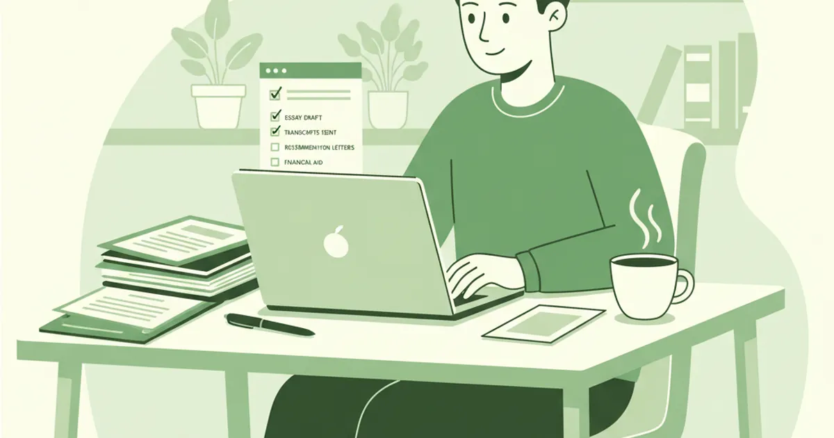 Student working on a college application at a desk with laptop and documents