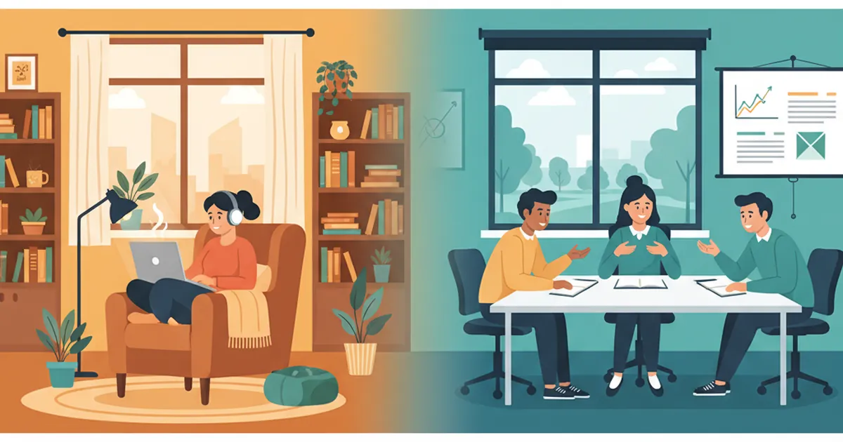 Split screen showing a student studying online at home and students in a campus classroom