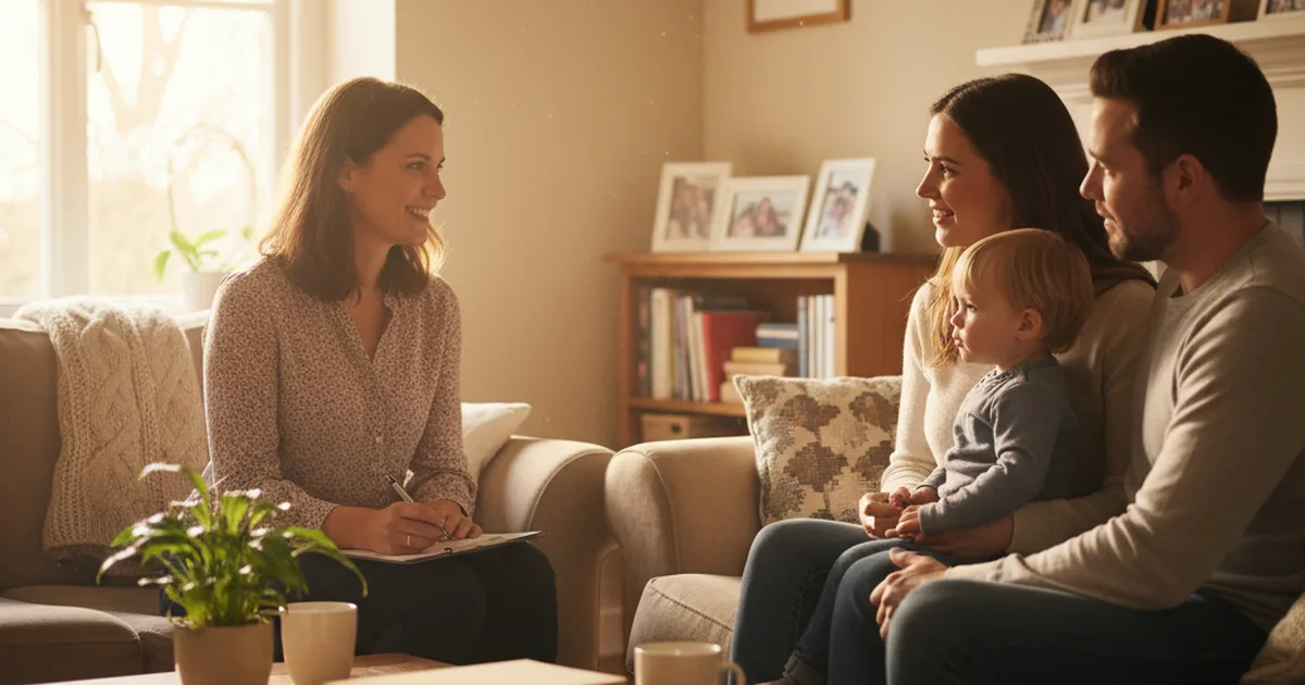 Social worker conducting a home visit with a family in their living room