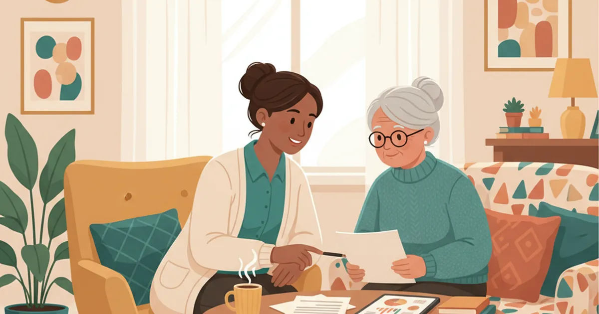 Social worker sitting with an elderly client reviewing care documents together