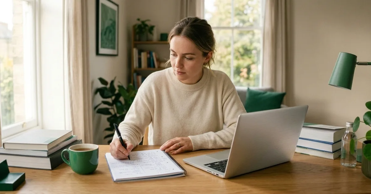 Social work graduate studying for the ASWB Bachelors licensing exam at a desk with notes and a laptop