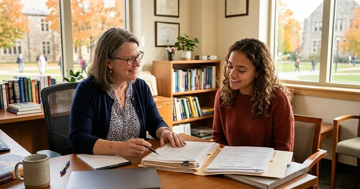 BSW student reviewing a Title IV-E stipend agreement with a university advisor